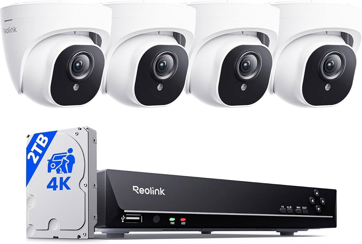 REOLINK 8CH 4K/8MP Home PoE Security Camera System with 2TB HDD RLK8-800D4 | 4pcs H.265 PoE Turret Cameras with Person Vehicle Detection, 8CH NVR for 24-7 Recording High Bitrate & Clear Stream